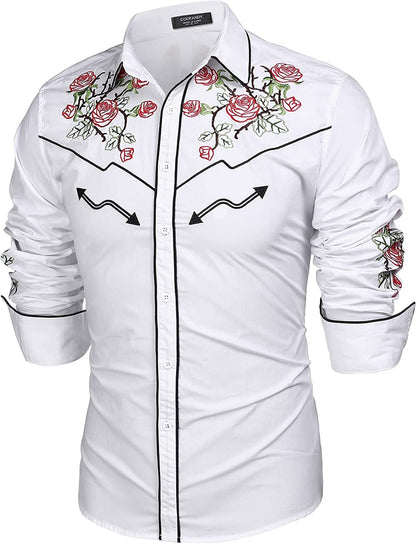 Western Cowboy Embroidered Button Down Cotton Shirt (US Only)