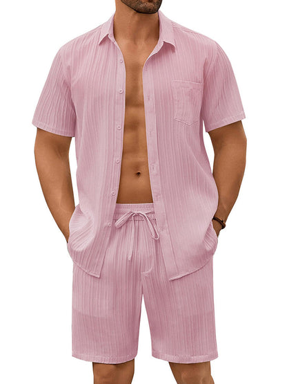 Casual Textured Shirt Shorts Vacation Set (US Only)