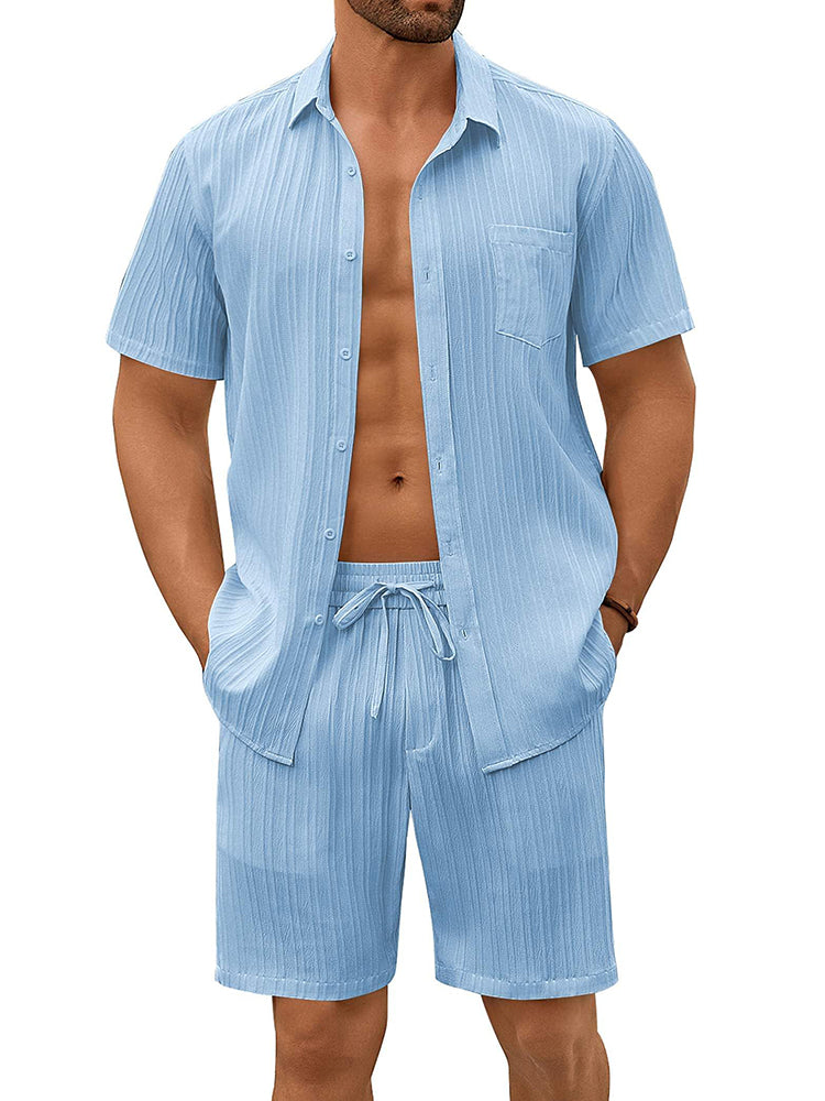 Casual Textured Shirt Shorts Vacation Set (US Only)