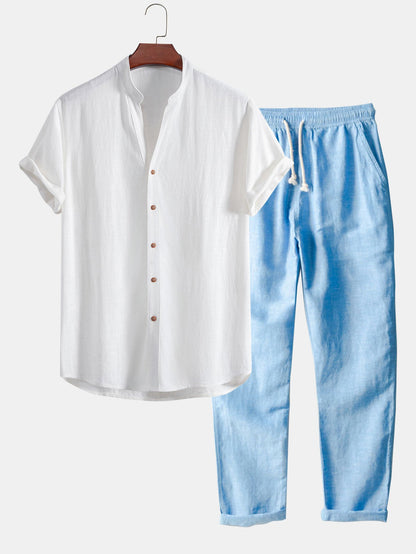 V-Neck Linen-Rayon Blend Shirt & Straight-Leg Linen Pants