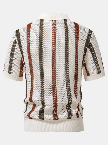 Striped Crochet V-Neck Polo