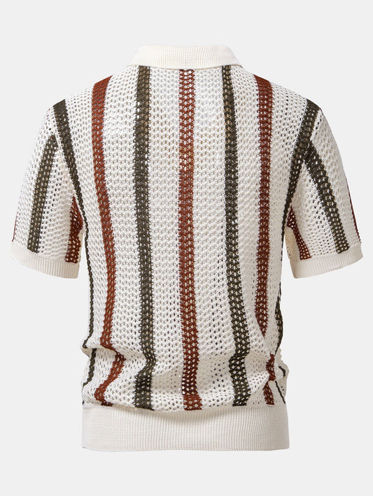 Striped Crochet V-Neck Polo