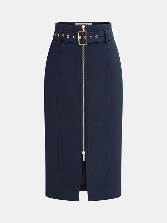 Belted Zip-Front Split Midi Skirt