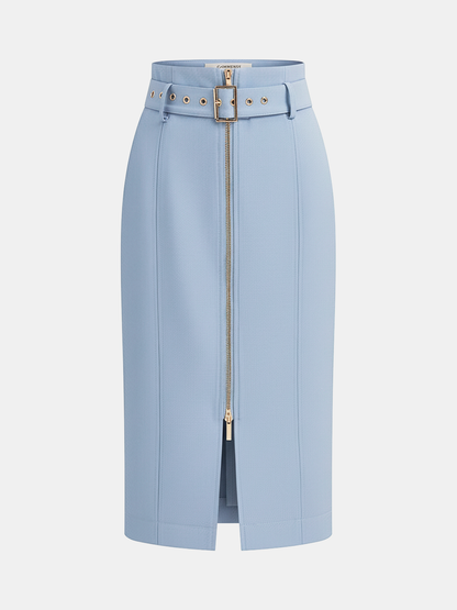 Belted Zip-Front Split Midi Skirt