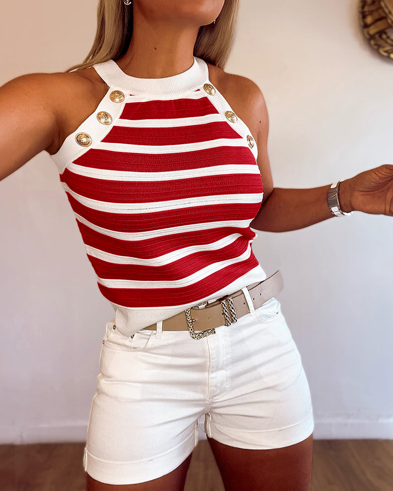 Striped Halter Sleeveless Tank Causal Golden Button Decor Breathable Knit Top