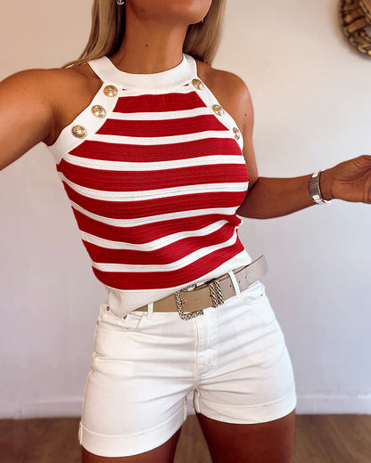 Striped Halter Sleeveless Tank Causal Golden Button Decor Breathable Knit Top