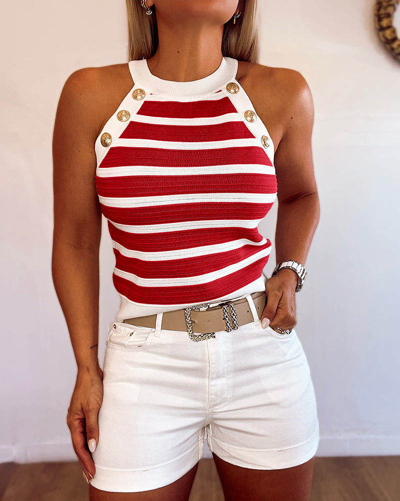 Striped Halter Sleeveless Tank Causal Golden Button Decor Breathable Knit Top