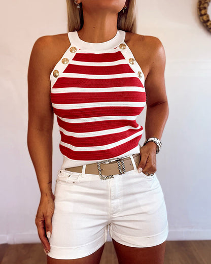 Striped Halter Sleeveless Tank Causal Golden Button Decor Breathable Knit Top