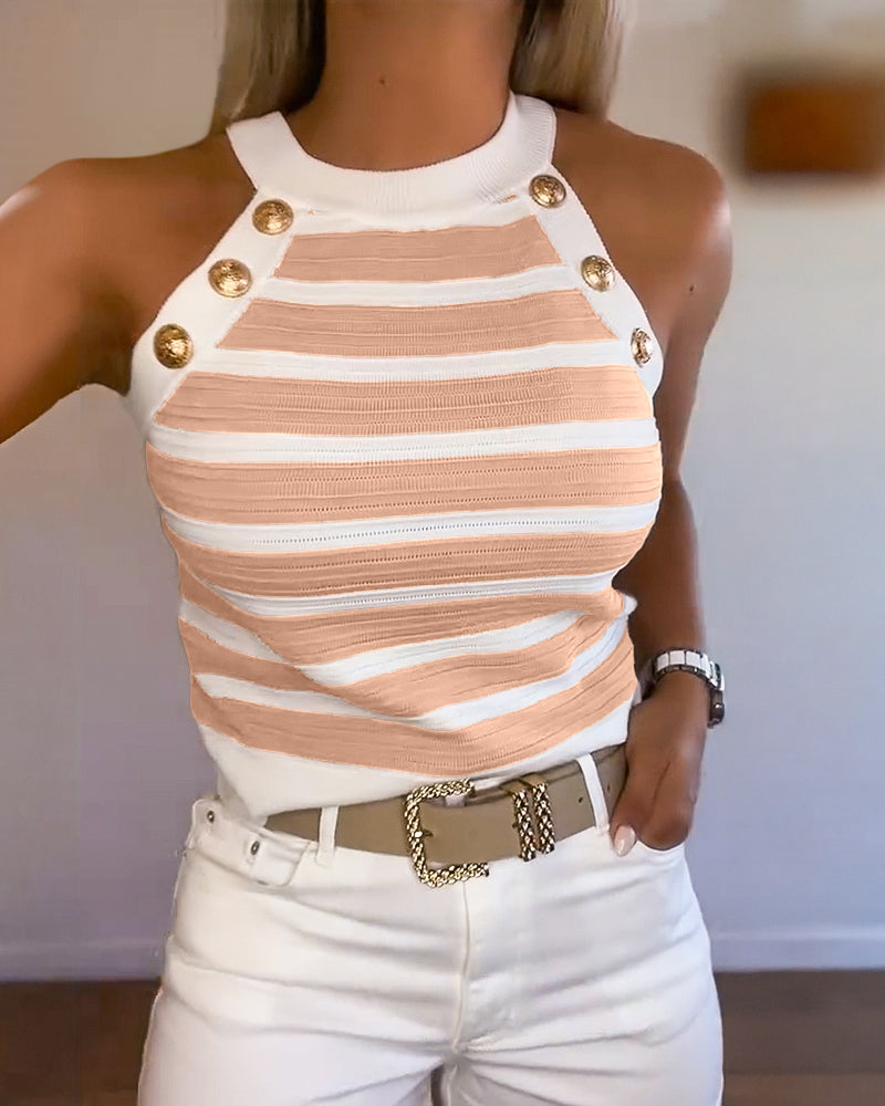 Striped Halter Sleeveless Tank Causal Golden Button Decor Breathable Knit Top
