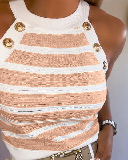 Striped Halter Sleeveless Tank Causal Golden Button Decor Breathable Knit Top