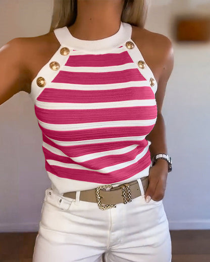 Striped Halter Sleeveless Tank Causal Golden Button Decor Breathable Knit Top