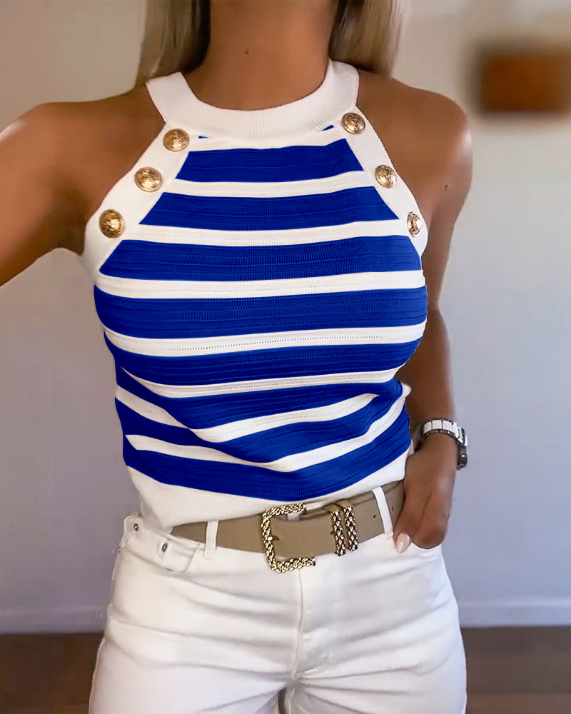 Striped Halter Sleeveless Tank Causal Golden Button Decor Breathable Knit Top