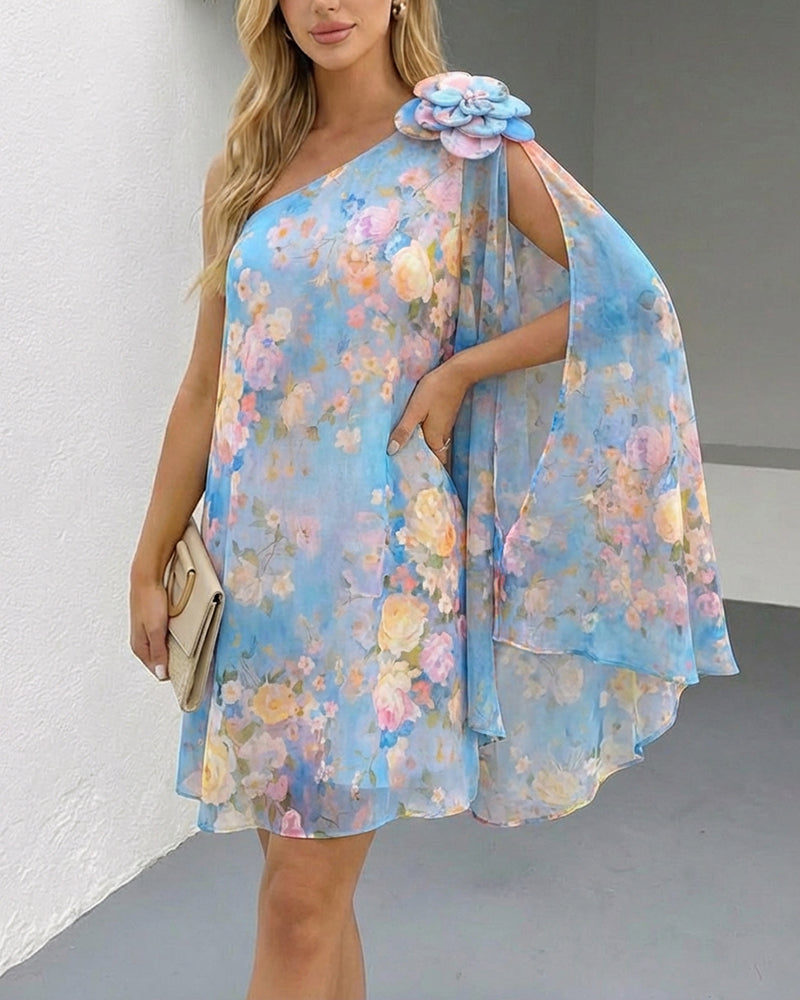 CHICME Women's Floral Print One-Shoulder Chiffon Dress 3D Floral Decor Split Sleeve Loose A-Line Mini Dress