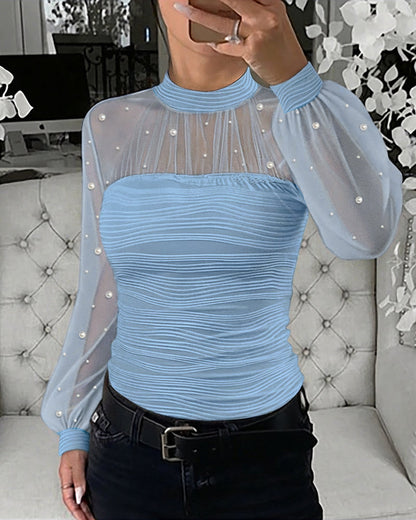 Pearls Decor Mock Neck Sheer Mesh Spliced Ruched Tee Hollow-out Back Slim Fit Textured Top