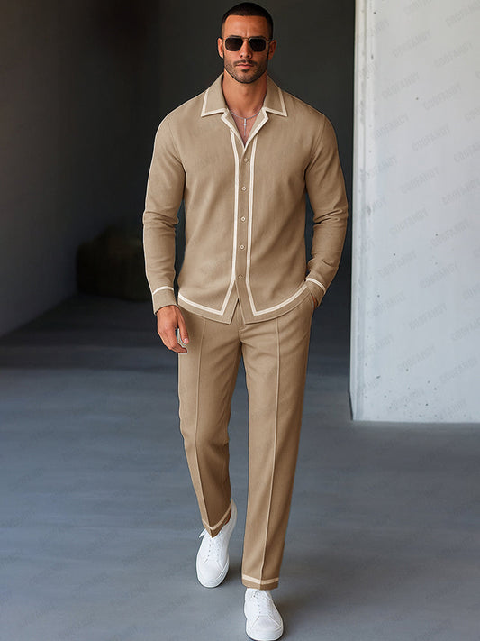 Casual Contrast Trim Shirt Pants Set