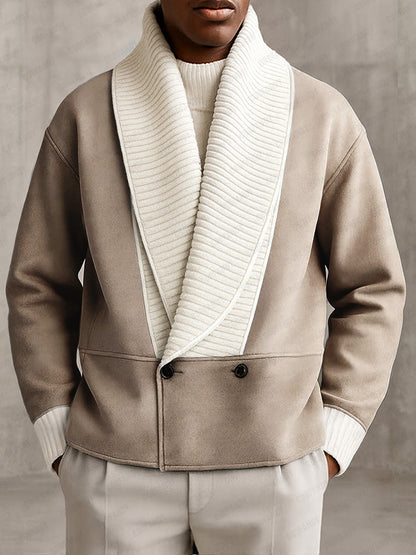 Two-Tone Ribbed Knit Patchwork Suede Coat