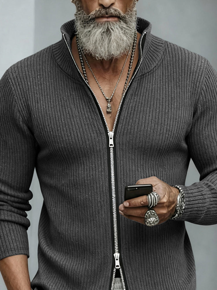 Casual Two-Way Zip Stand Collar Cardigan
