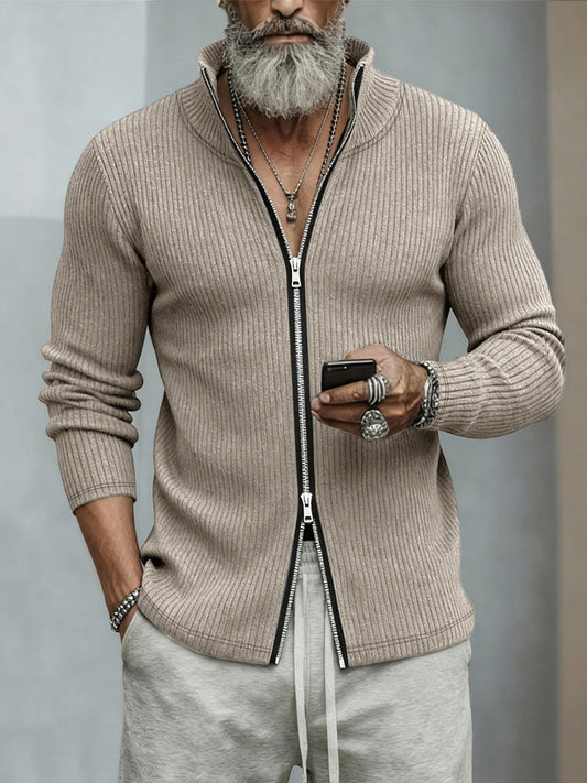Casual Two-Way Zip Stand Collar Cardigan