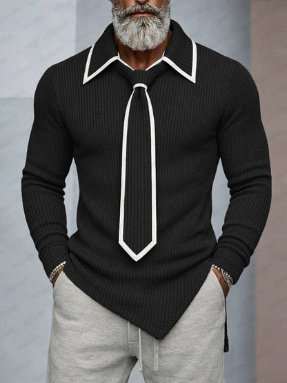Mordern Contrast Detachable Tie Design Knit Top