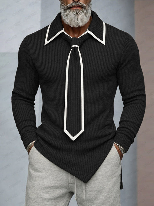 Mordern Contrast Detachable Tie Design Knit Top