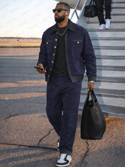 Urban Casual Contrast Tweed Jacket Pants Set