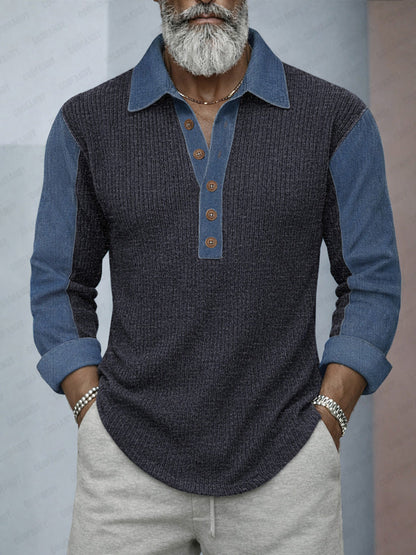Casual Denim Patchwork Contrast Knit Shirt