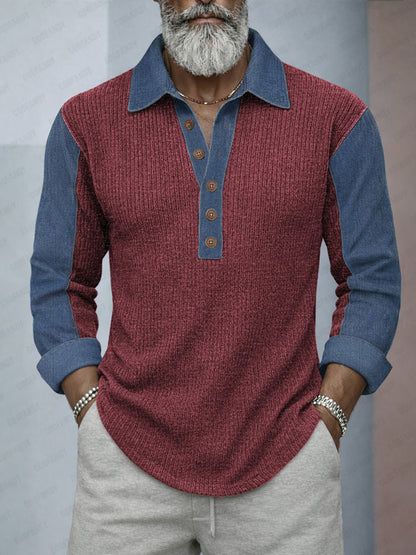 Casual Denim Patchwork Contrast Knit Shirt
