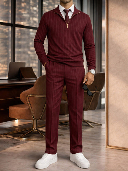 Urban Casual Stripe Polo Shirt and Pants Set