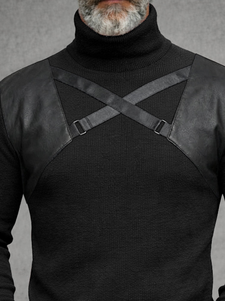 Stylish Leather Patchwork Turtleneck Top
