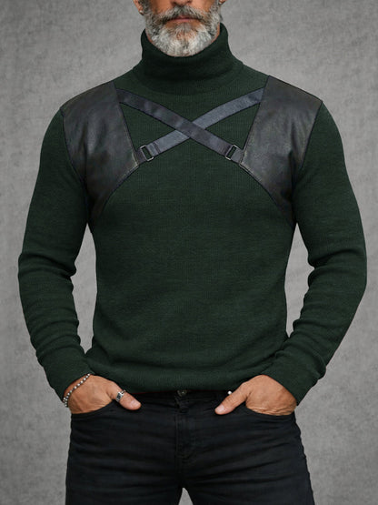 Stylish Leather Patchwork Turtleneck Top
