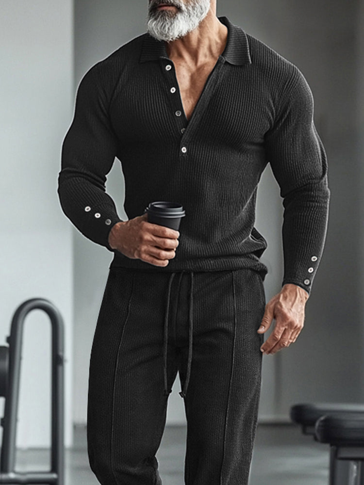 Athleisure Stretch Knit Polo Shirt Pants Set