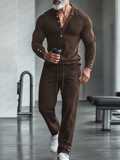 Athleisure Stretch Knit Polo Shirt Pants Set