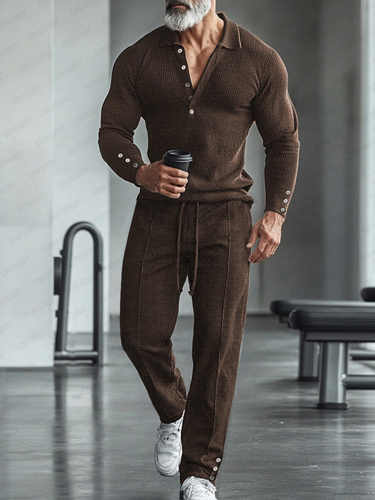 Athleisure Stretch Knit Polo Shirt Pants Set