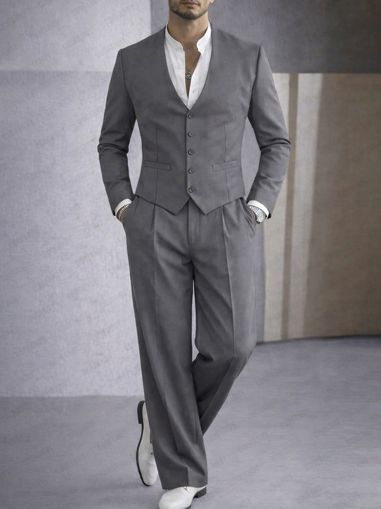 Smart Casual Collarless Blazer and Pants Set
