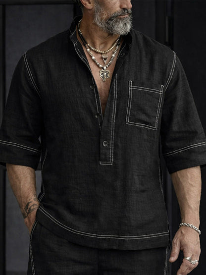 Summer Casual 100% Cotton Henley Shirt Set