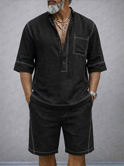 Summer Casual 100% Cotton Henley Shirt Set