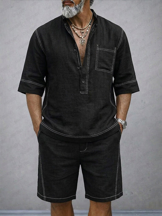 Summer Casual 100% Cotton Henley Shirt Set
