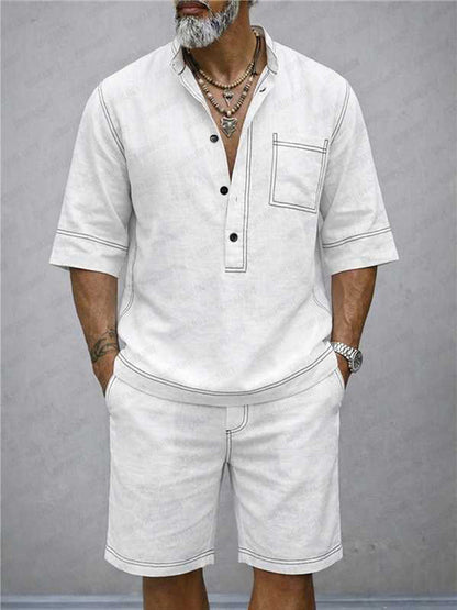 Summer Casual 100% Cotton Henley Shirt Set