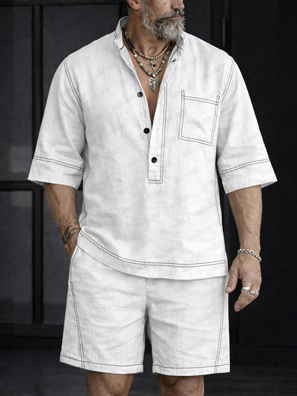 Summer Casual 100% Cotton Henley Shirt Set