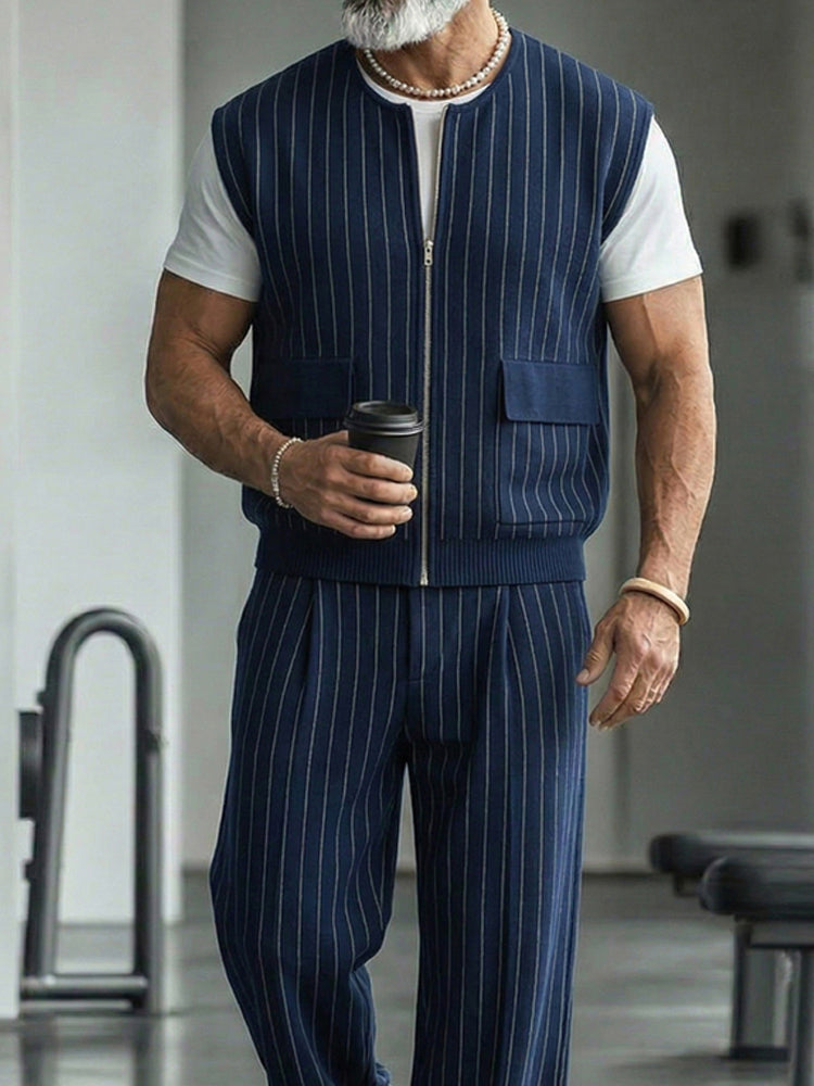 Urban Casual Pinstripe Zip Up Vest Pants Set