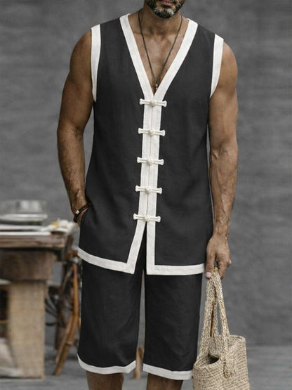 Relaxed Fit Contrast Color Frog Button Vest Set