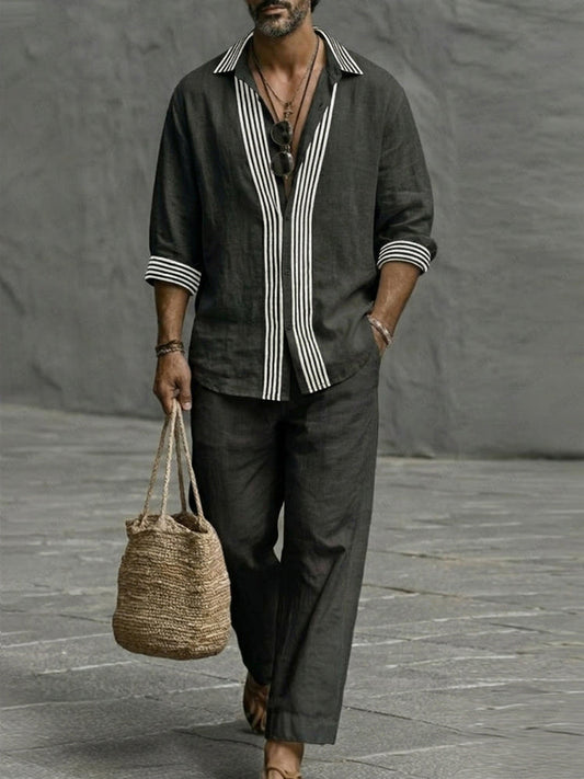 Nature Style Stripe Cotton Shirt and Pants Set