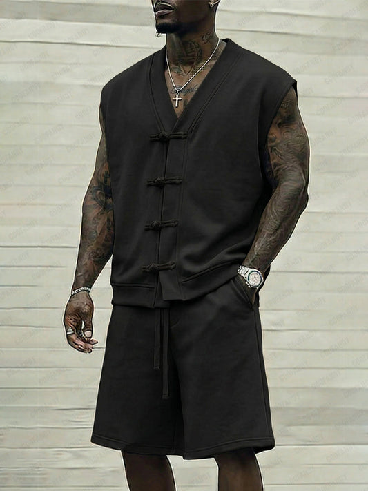 Casual Sleeveless Frog Button 2-Piece Set