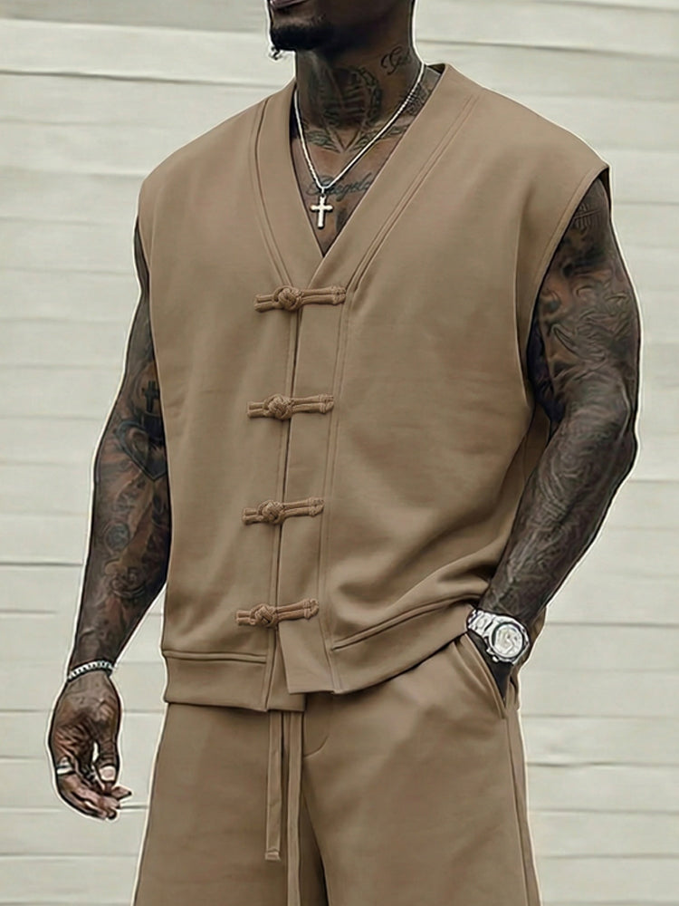 Casual Sleeveless Frog Button 2-Piece Set