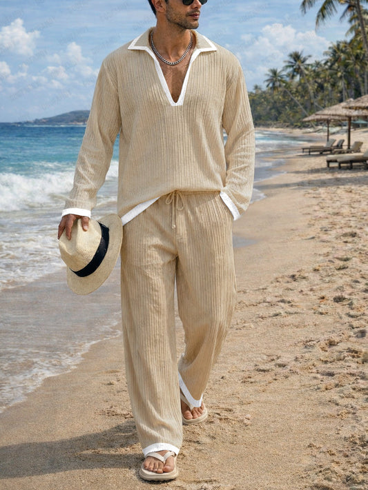Casual Contrast Color Textured Matching Set