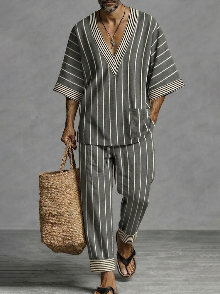 Casual Relaxed Fit Stripe Matching Set