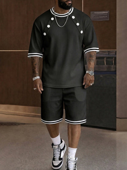 Athleisure Button Detail Ribbed Texture Shorts Set