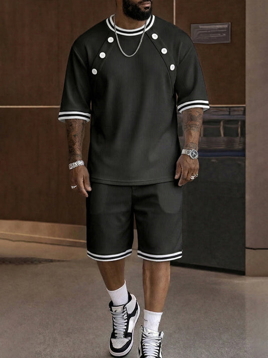 Athleisure Button Detail Ribbed Texture Shorts Set