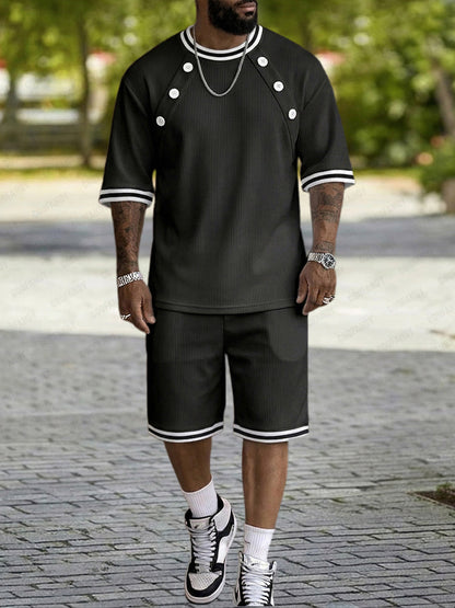 Athleisure Button Detail Ribbed Texture Shorts Set