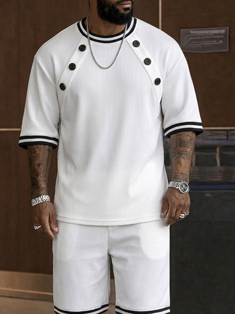 Athleisure Button Detail Ribbed Texture Shorts Set